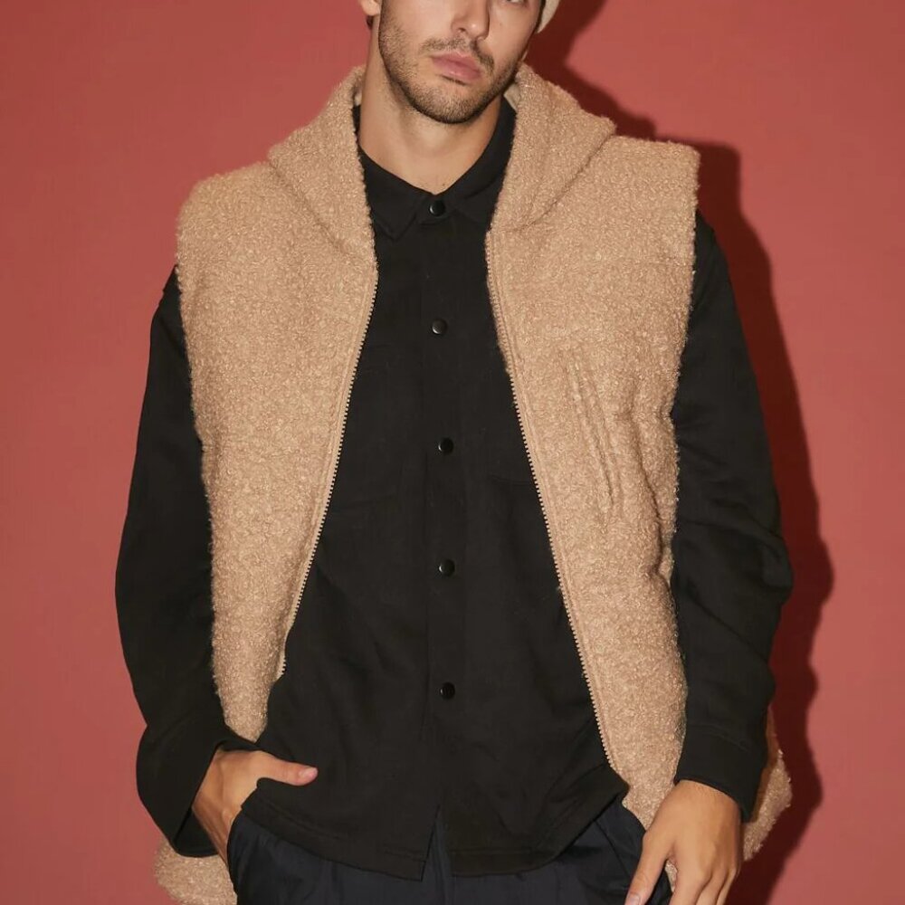 Forever 21 Hooded Faux Shearling Vest Men's Sz M